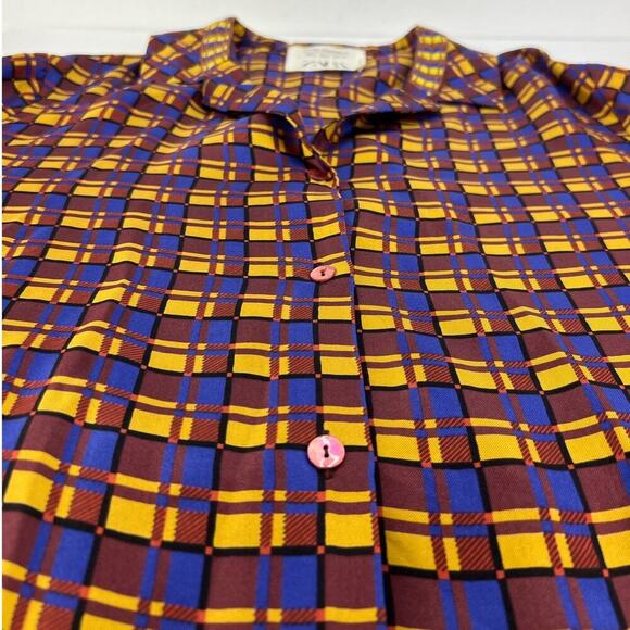 ZARA MULTICOLOR Checked FLOWY FLIP CUFF SILK SHIRT W BEADED NECK Button UP Large - Picture 5 of 10